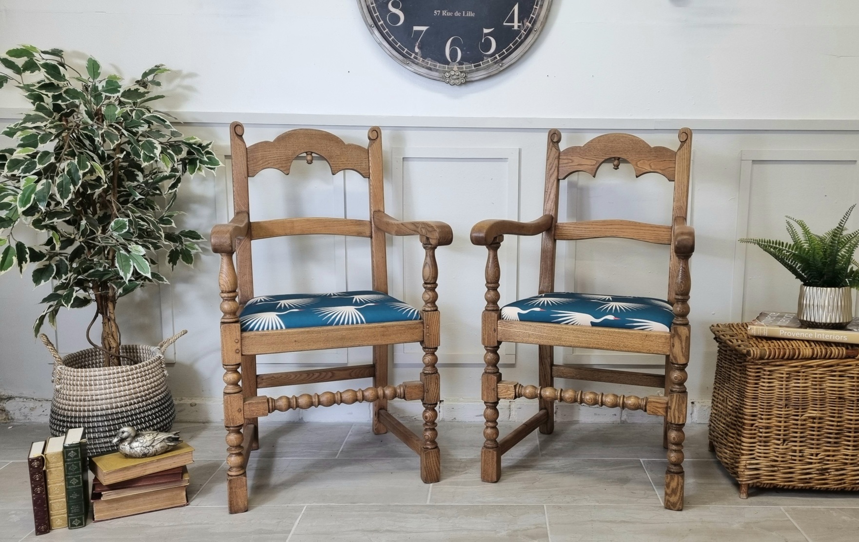 Pair of Vintage Oak Chairs with new upholstery